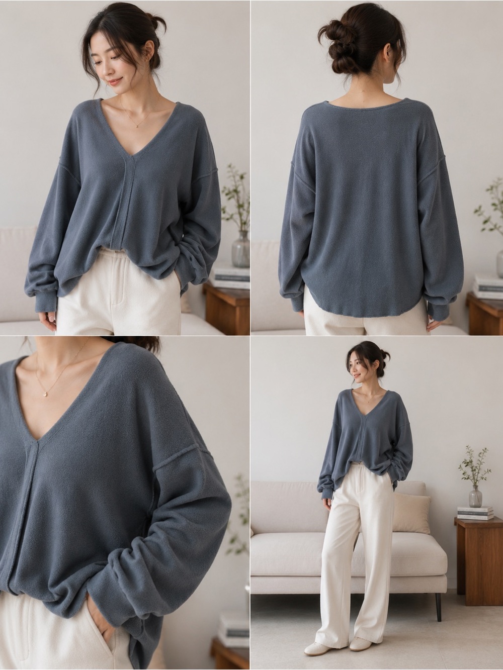 Wilfred Free Aritzia Oversized Blue Gray Cozy V-Neck Sweater Size Large {em}